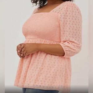 Torrid Smocked Babydoll Top Voile Eyelet Peach Ruffle Plus Size 3 Square Neck